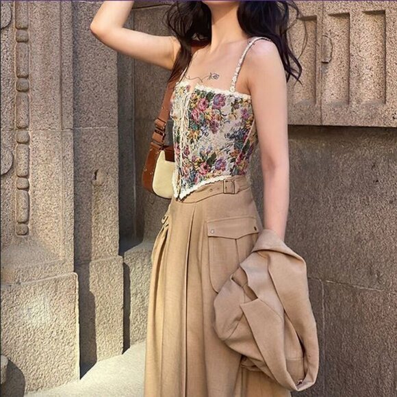 🥑NWT Vntg Style Cowgirl Floral Jacquard Bustier Corset Top Lace up Cropped Top - Picture 7 of 16